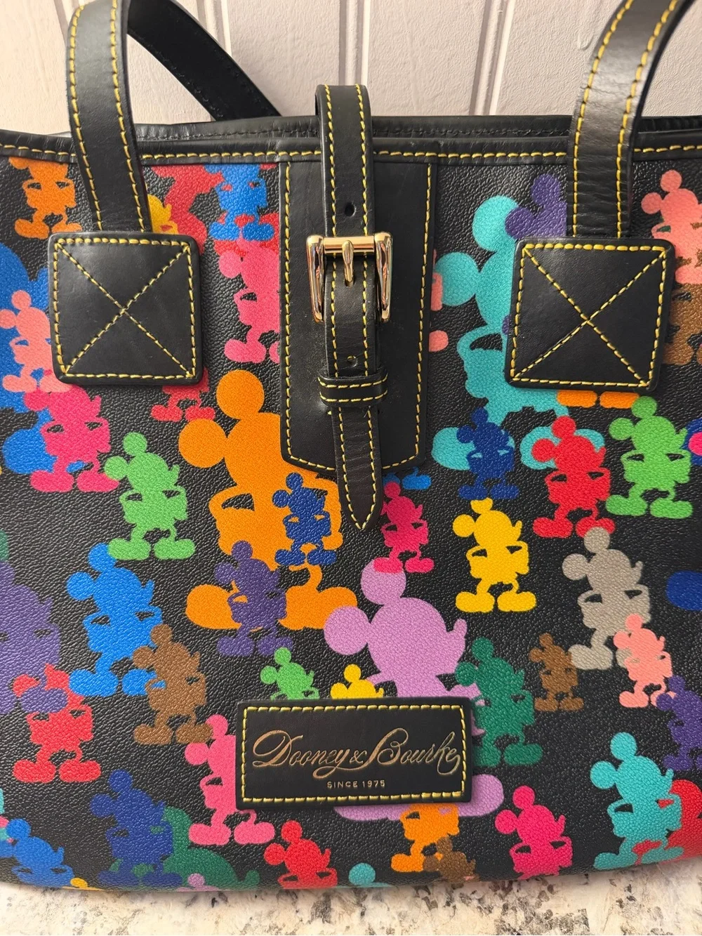 Disney Dooney & Bourke Black Multicolor Mickey Print Tote Purse Black Leather